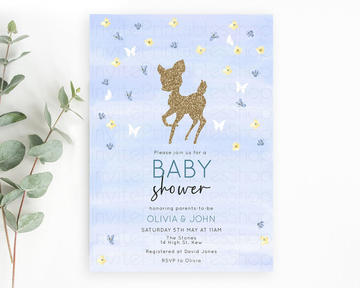 Fawn Baby Shower Invitation Deer Baby Shower Invites Enchanted Forest Theme Butterfly Pastel Flowers Whimsical Baby Shower D10863