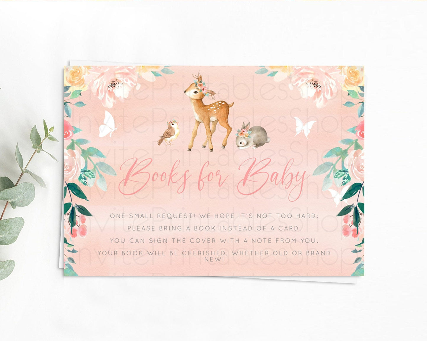 Fawn Books For Baby Card Deer Book Insert Floral Deer Book Card Enchanted Forest Butterfly Pastel Baby Shower Book Poem Request D10921