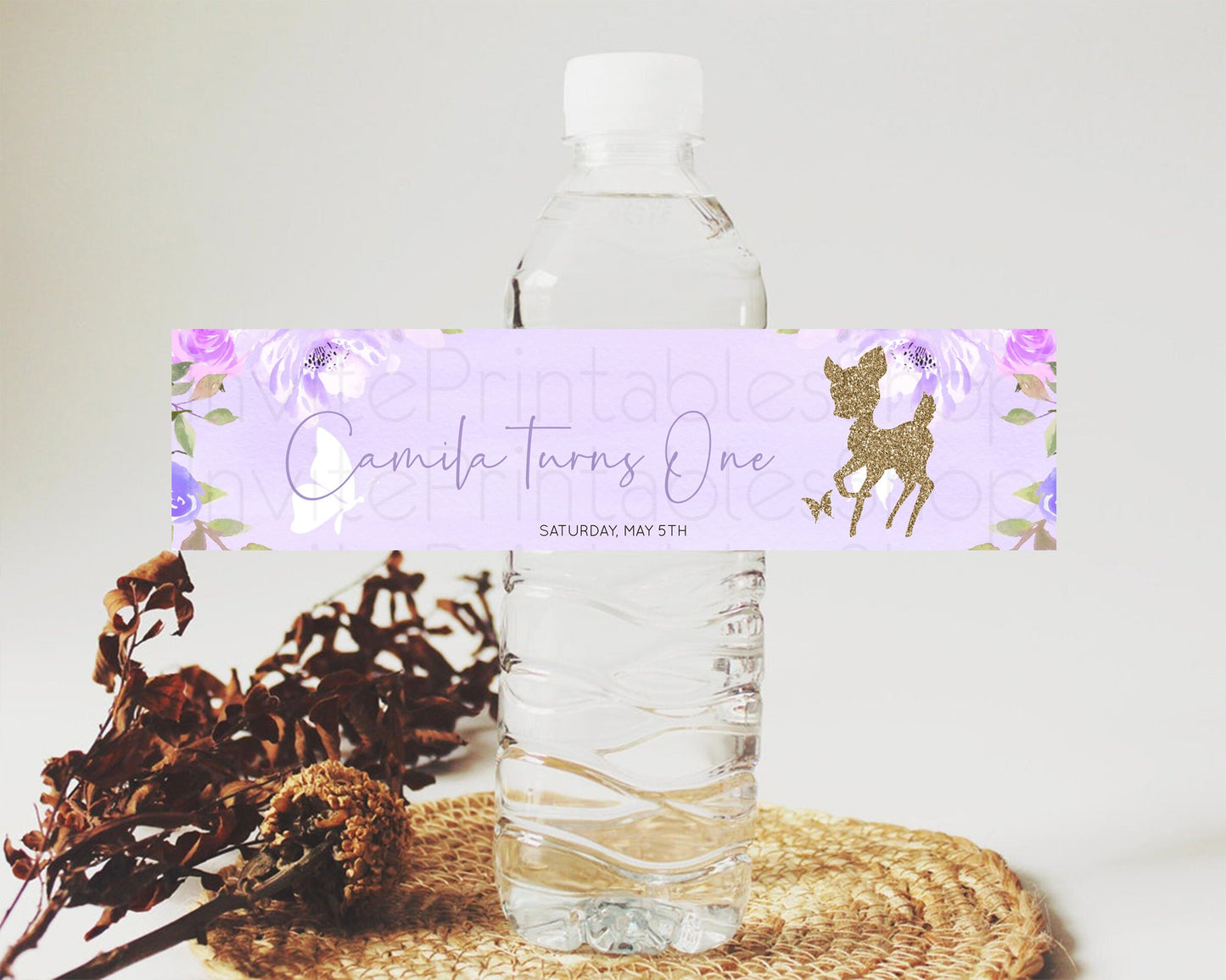 Fawn Deer Water Label Template Pastel Floral Deer Enchanted Forest Butterfly Party Decor Birthday Baptism Baby Shower Bridal Shower D10963