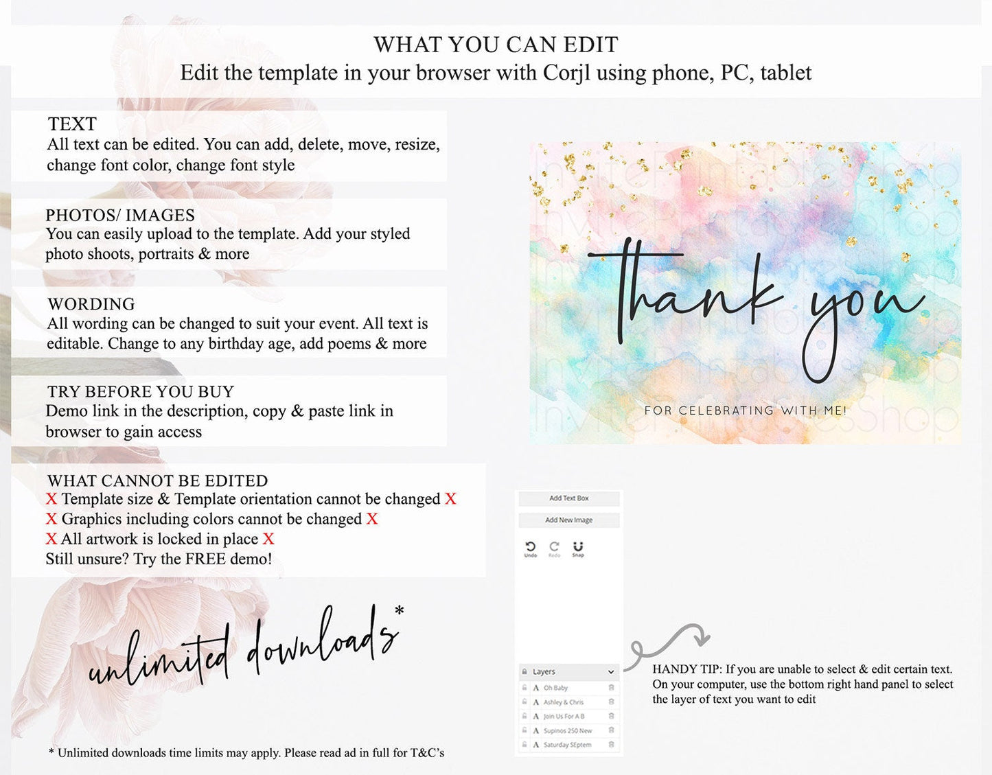 Pastel Thank You Rainbow Thank You Card Colorful Pastel Birthday Thank You Card Confetti Watercolor Pastel Teacher Thank You Cards D10266
