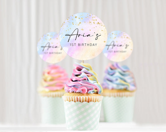 Editable Rainbow Cupcake Toppers Pastel Cupcake Toppers Colorful Pastel Wate