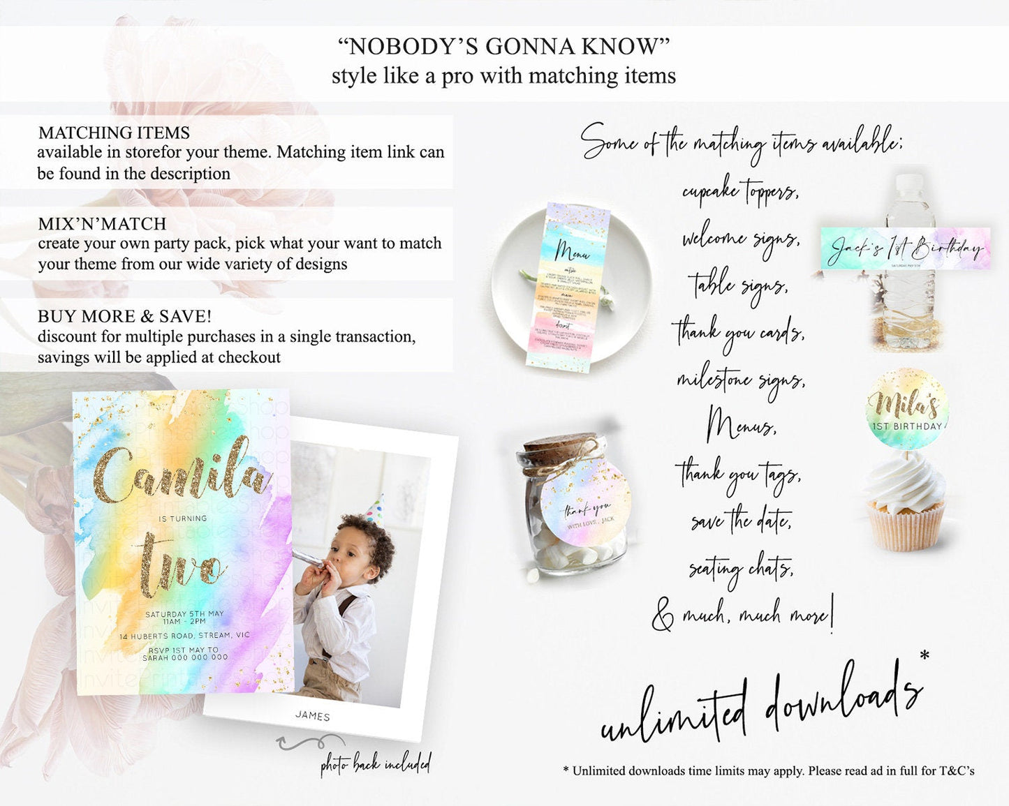 Rainbow Birthday Invitation Colorful Pastel Watercolor Invitation Gold Glitter Sprinkles Ombre Pastel 1st 2nd 3rd Birthday D10426