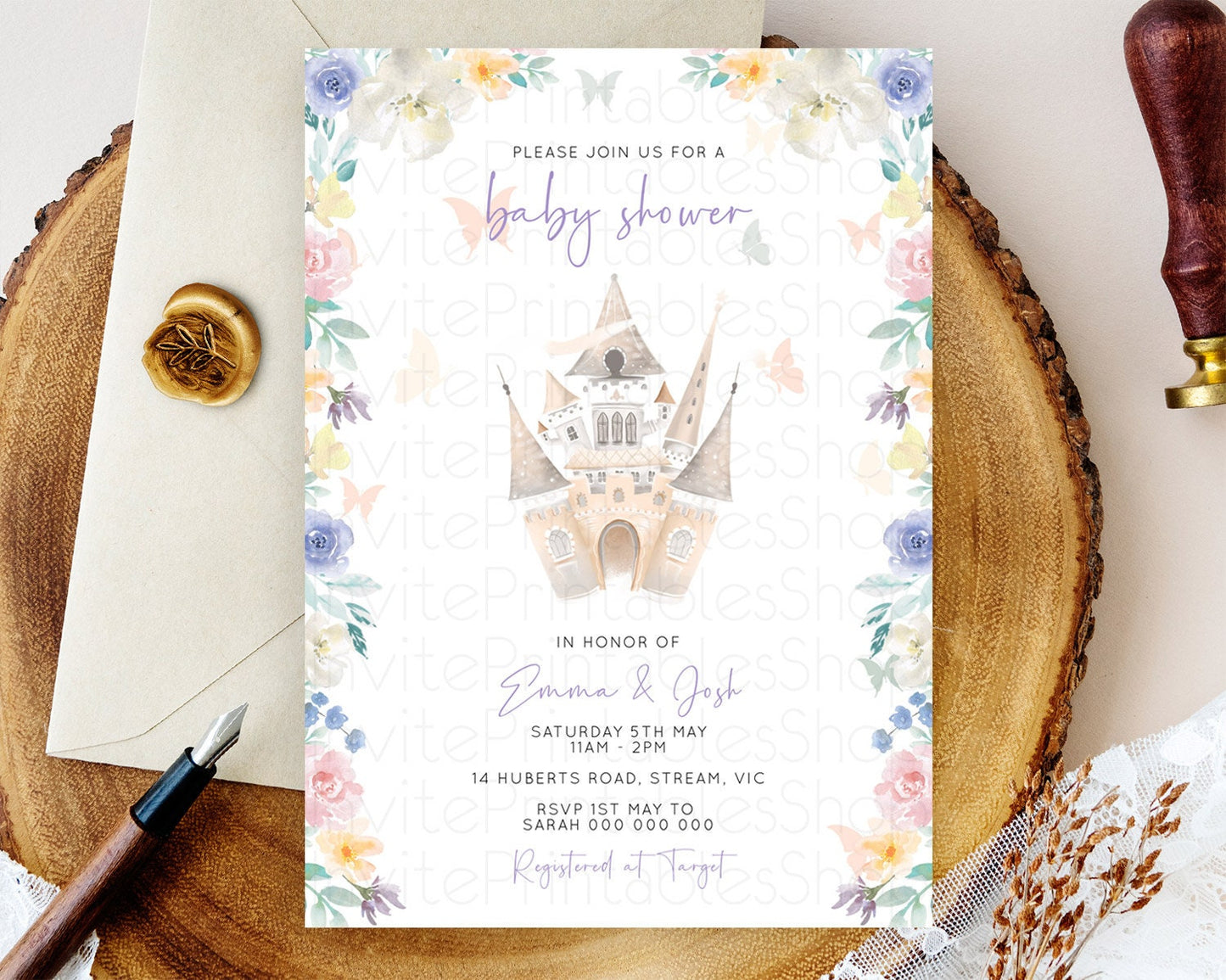 Pastel Princess Baby Shower Invitation Floral Castle Invitation Royal Baby Invite Enchanted Castle Pastel Flower Garden Baby Shower D10709