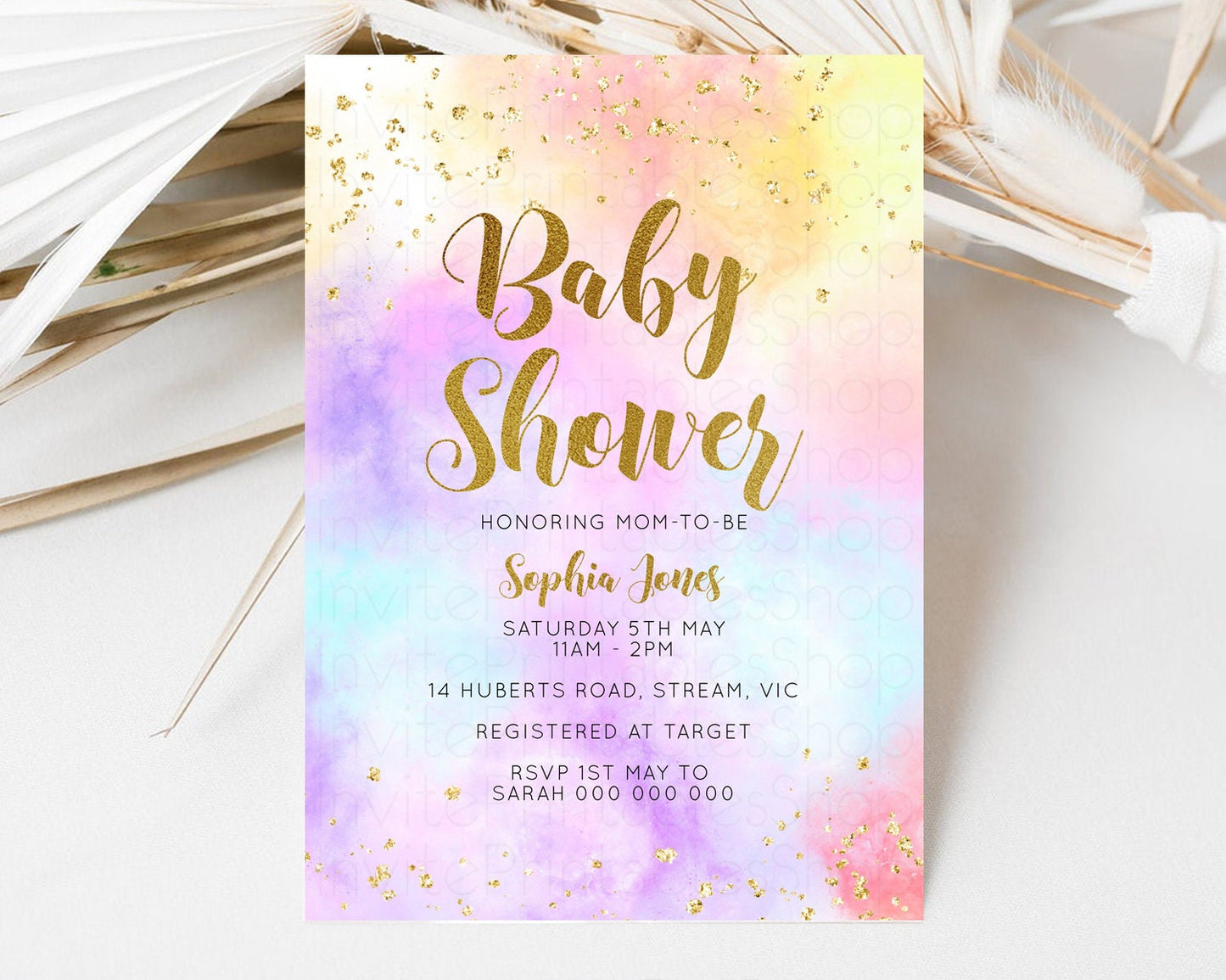 Rainbow Baby Shower Invitation Pastel Baby Sower Invitation Colorful Splash Invite Sprinkle Confetti Watercolor Ombre Baby Shower Invite 499