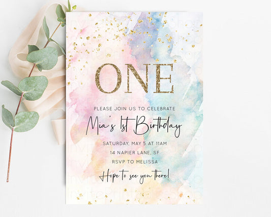 Rainbow Birthday Invitation Pastel Birthday Invitation Ombre Rainbow Invite Colorful Watercolor Invite Glitter Sprinkle 1st 2nd 3rd 276v2