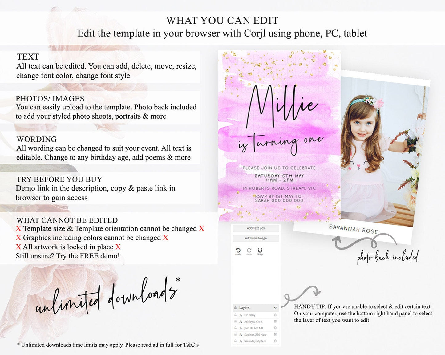 Pink Birthday Invitation pink Watercolor Invitation Pastel pink Watercolor Invitation pink Splash Gold Invitation 1st First Birthday D23048