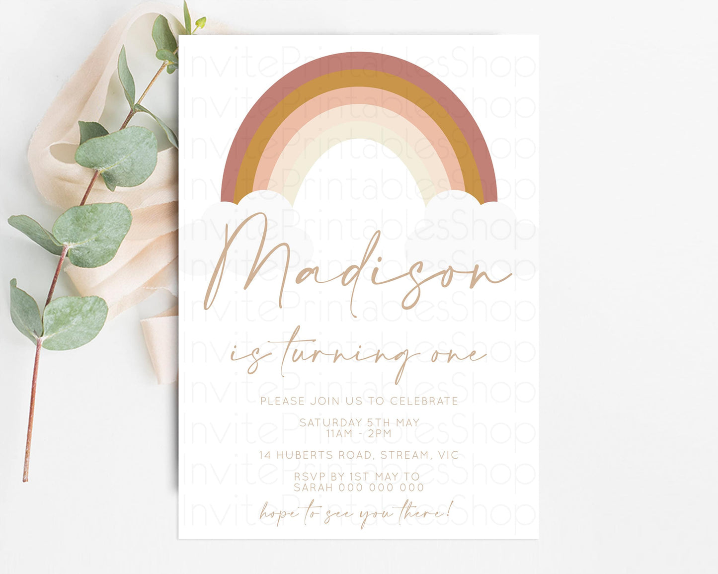 Boho Rainbow Birthday Invitation Pastel Invitation Heart Rainbow Invite Watercolor Orange Brown Earthy Clouds 1st 2nd 3rd Birthday 190