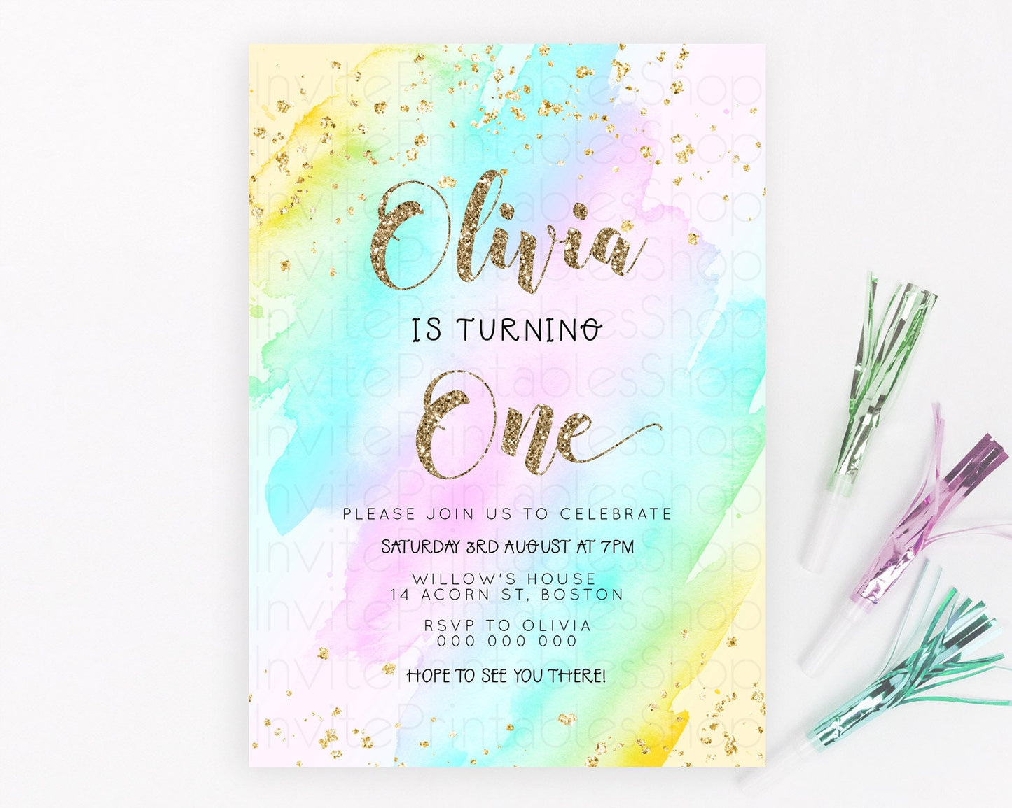 Editable Rainbow Birthday Invitation Colorful Pastel Watercolor Invitation G