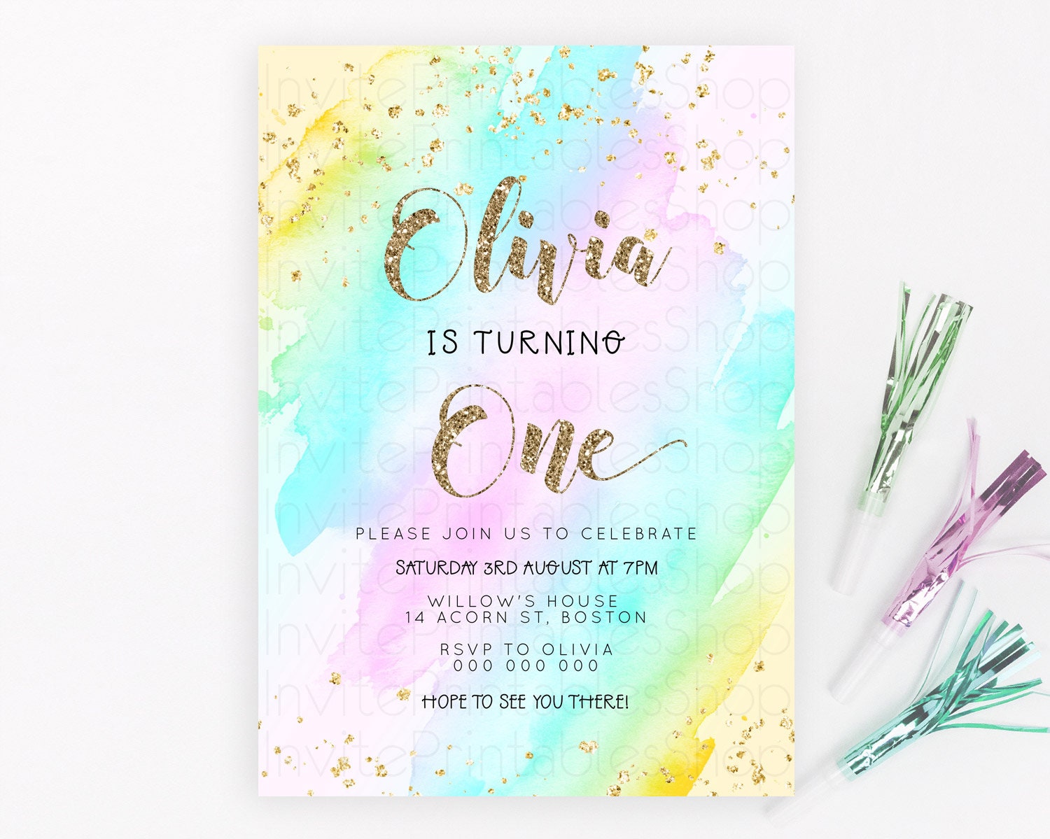 Editable Rainbow Birthday Invitation Colorful Pastel Watercolor Invitation G