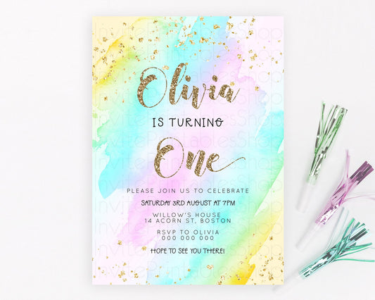 Editable Rainbow Birthday Invitation Colorful Pastel Watercolor Invitation G