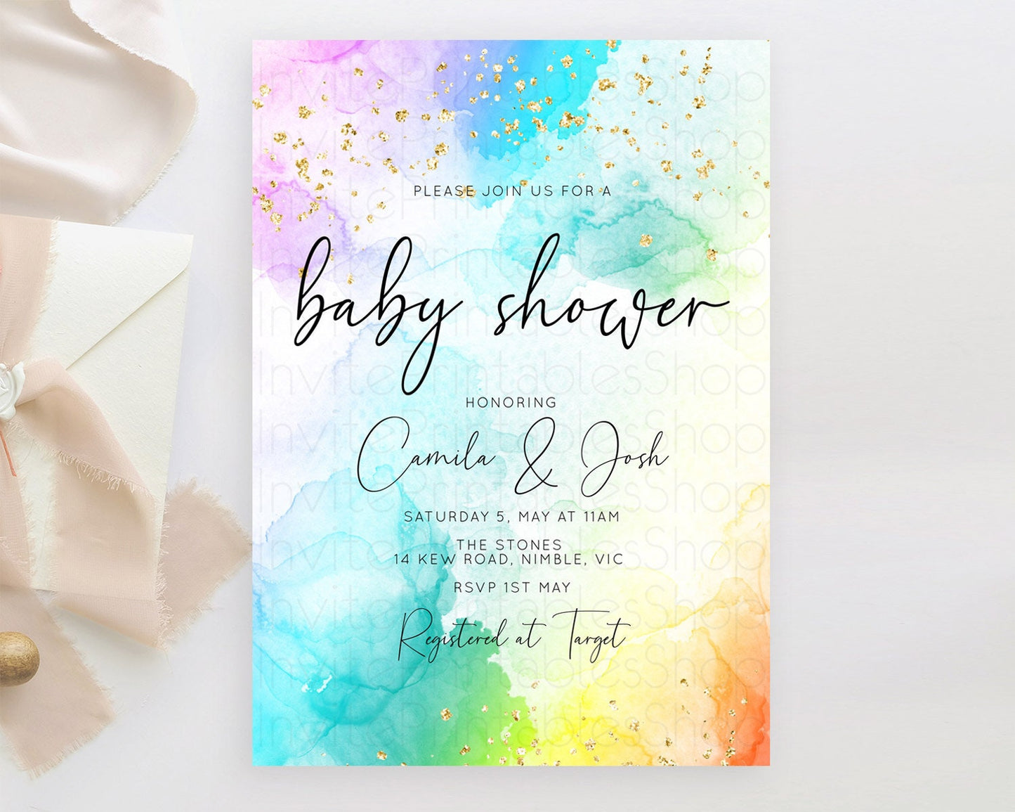 Pastel Rainbow Baby Shower Invitation, Gold Glitter and Colorful Ombre Watercolor, Blue, Purple, Orange, Yellow, Clouds Gender Reveal D10771