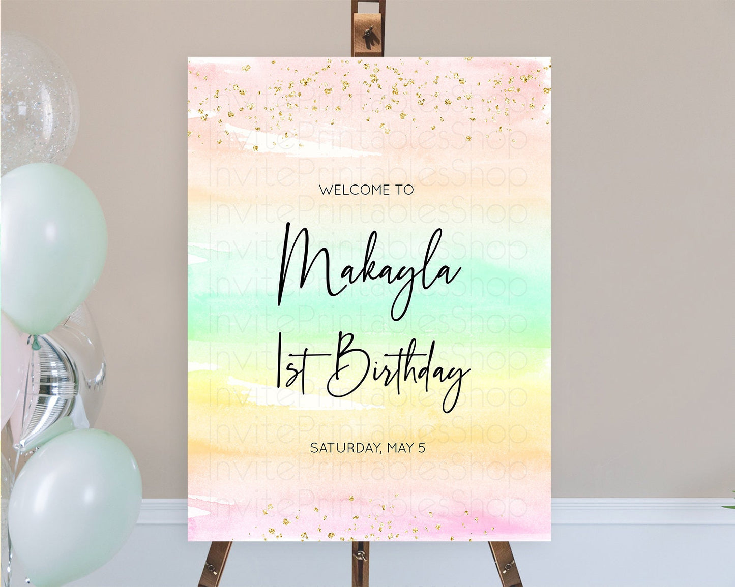 Pastel Welcome Sign Pastel Rainbow Welcome Sign Colorful Rainbow Confetti Watercolor Glitter Pastel First Birthday Welcome Sign D10591