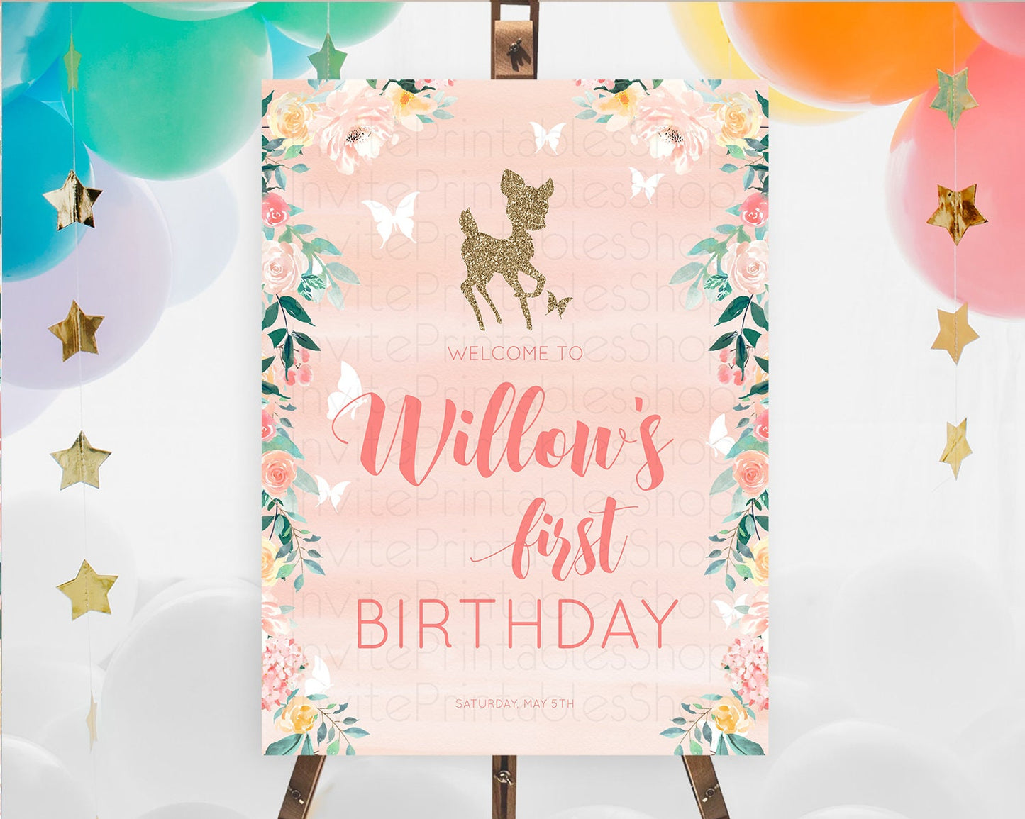 Fawn Welcome Sign Deer Welcome Board Floral Deer Welcome Poster Enchanted Forest Butterfly Pastel Floral First Birthday Welcome Sign D10873