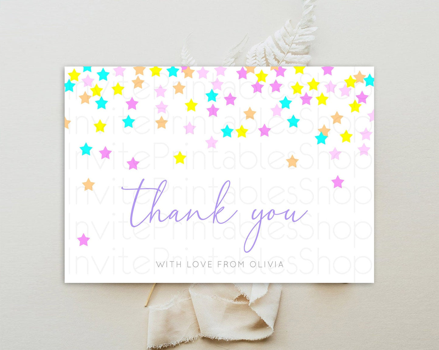 Star Thank You Card Pastel Stars Thank You Shooting Star Rainbow Colorful Confetti Twinkle Little Star Birthday Teacher Thank You D10397