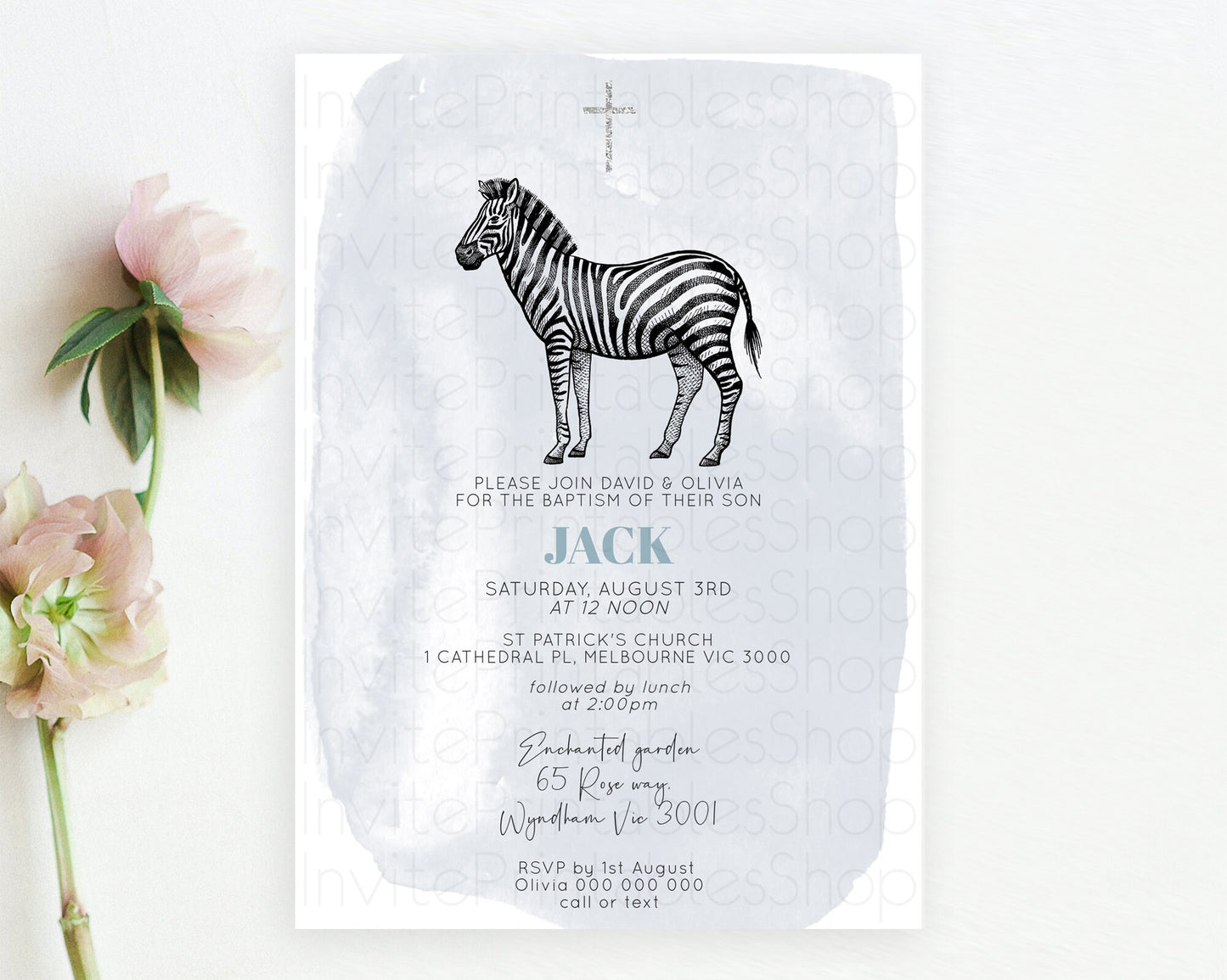 Zebra Baptism Invitation Zebra Baptism 1st Birthday Invitation Jungle Safari Christening Invite Watercolor Tropical Zoo Adventure D10814