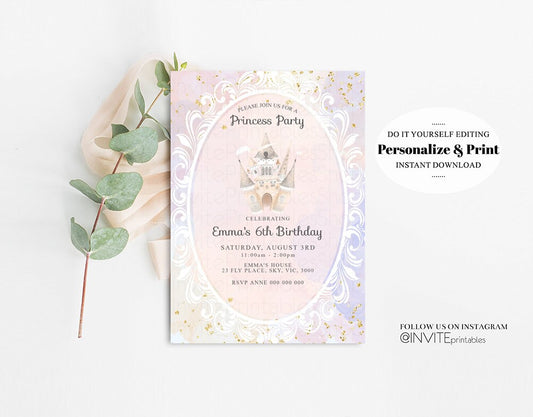 Princess Birthday Invitation Enchanted Castle Invite Royal Celebration Watercolor Mirror Mirror Gold Foil Glitter Purple Editable