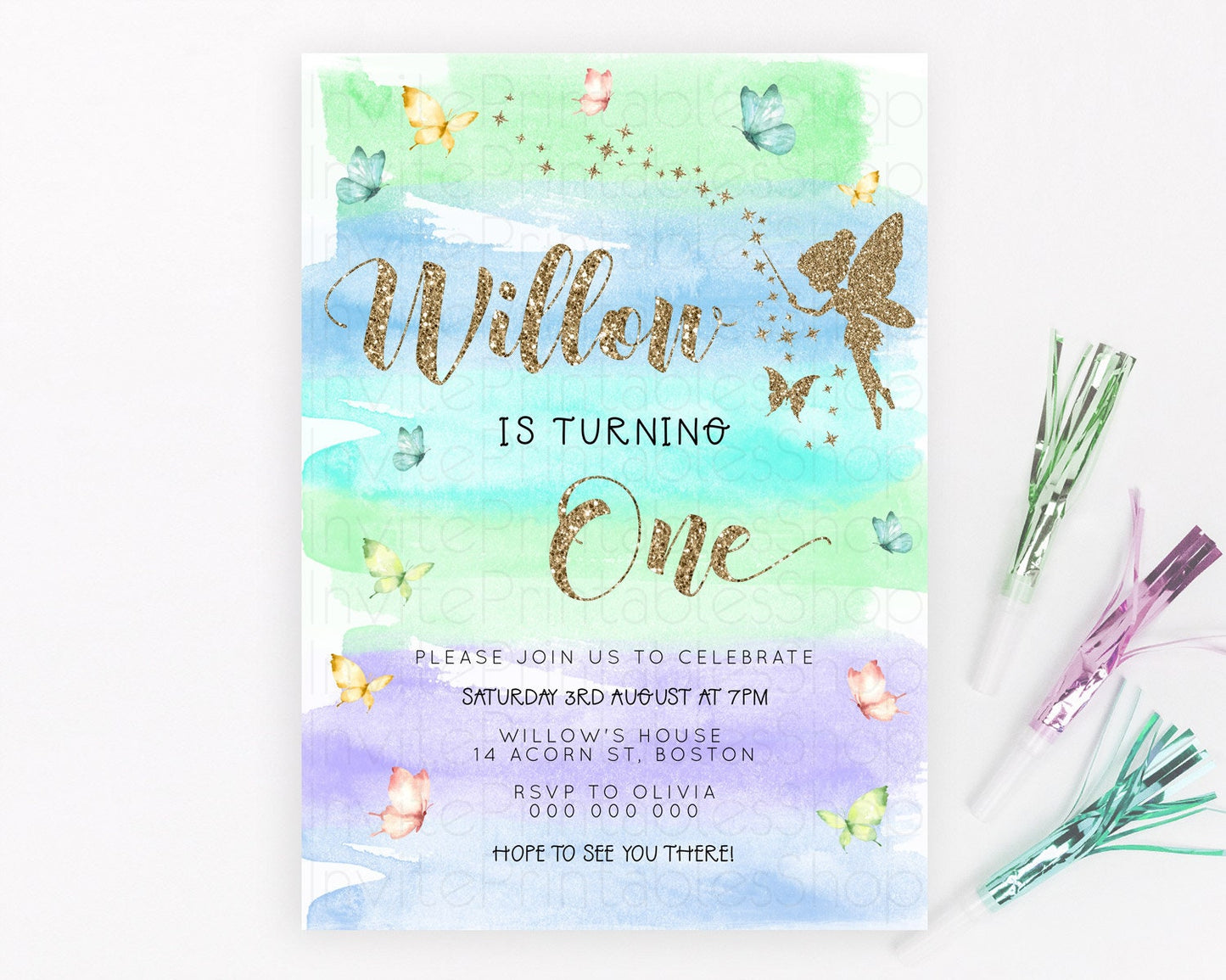 Pastel Fairy Birthday Invitation Pastel Butterflies Fairy Birthday Invitation Rainbow Ombre Watercolor 1st 2nd Birthday Invitation D23321