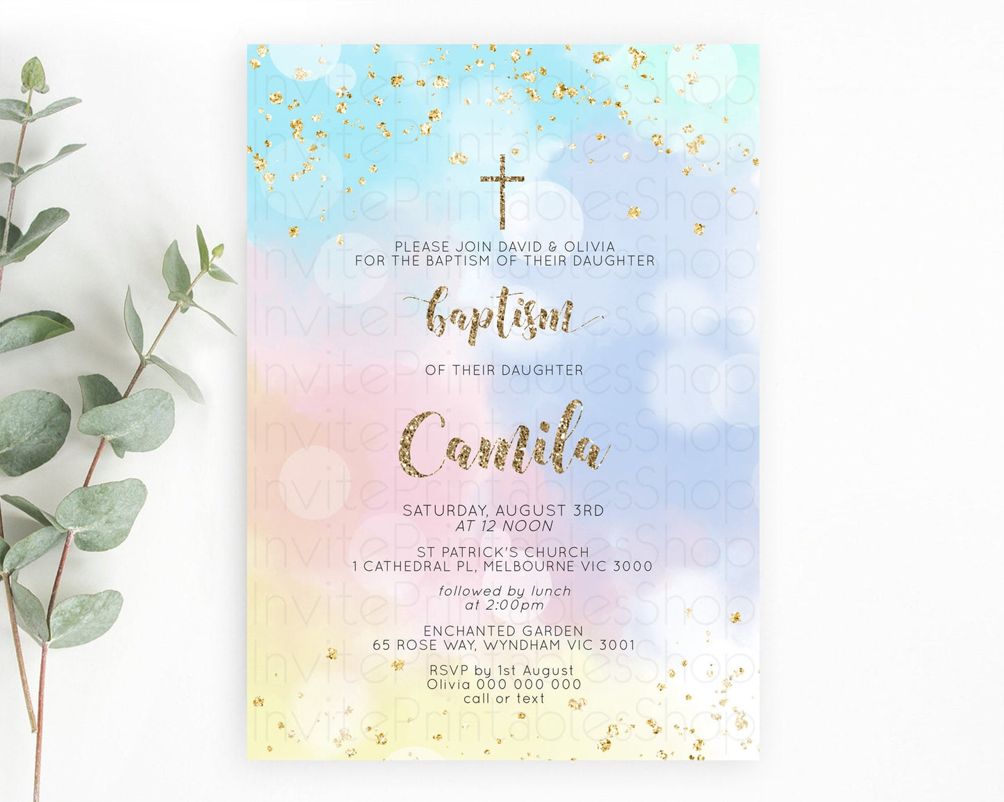 Pastel Baptism Invitation Pastel Colors Watercolor Baptism 1st Birthday Party Gold Ombre Pastel Rainbow Christening Holy Communion D10367