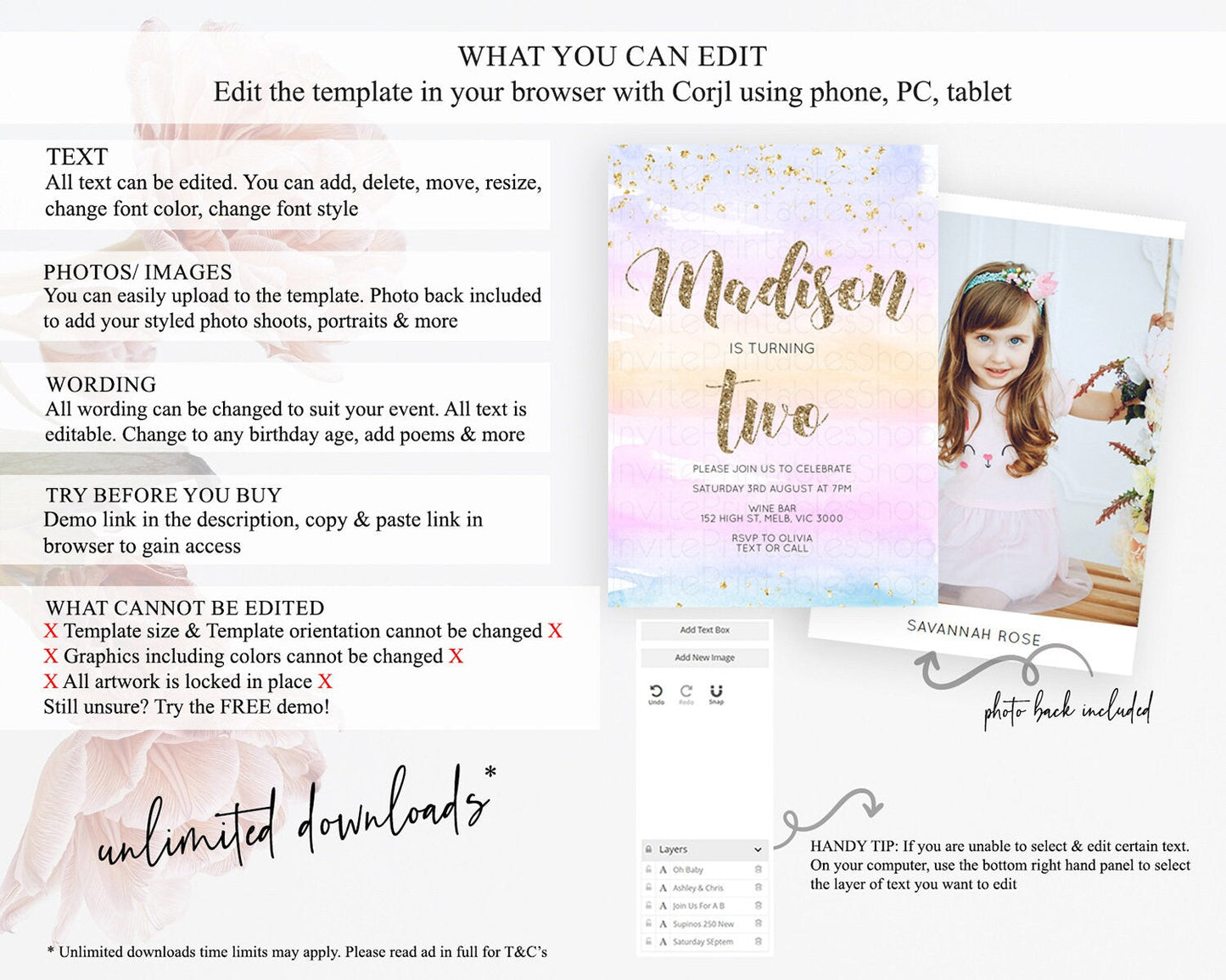 Rainbow Birthday Invitation Colorful Pastel Watercolor Invitation Gold Glitter Sprinkles Ombre Pastel 1st 2nd 3rd Birthday D10595