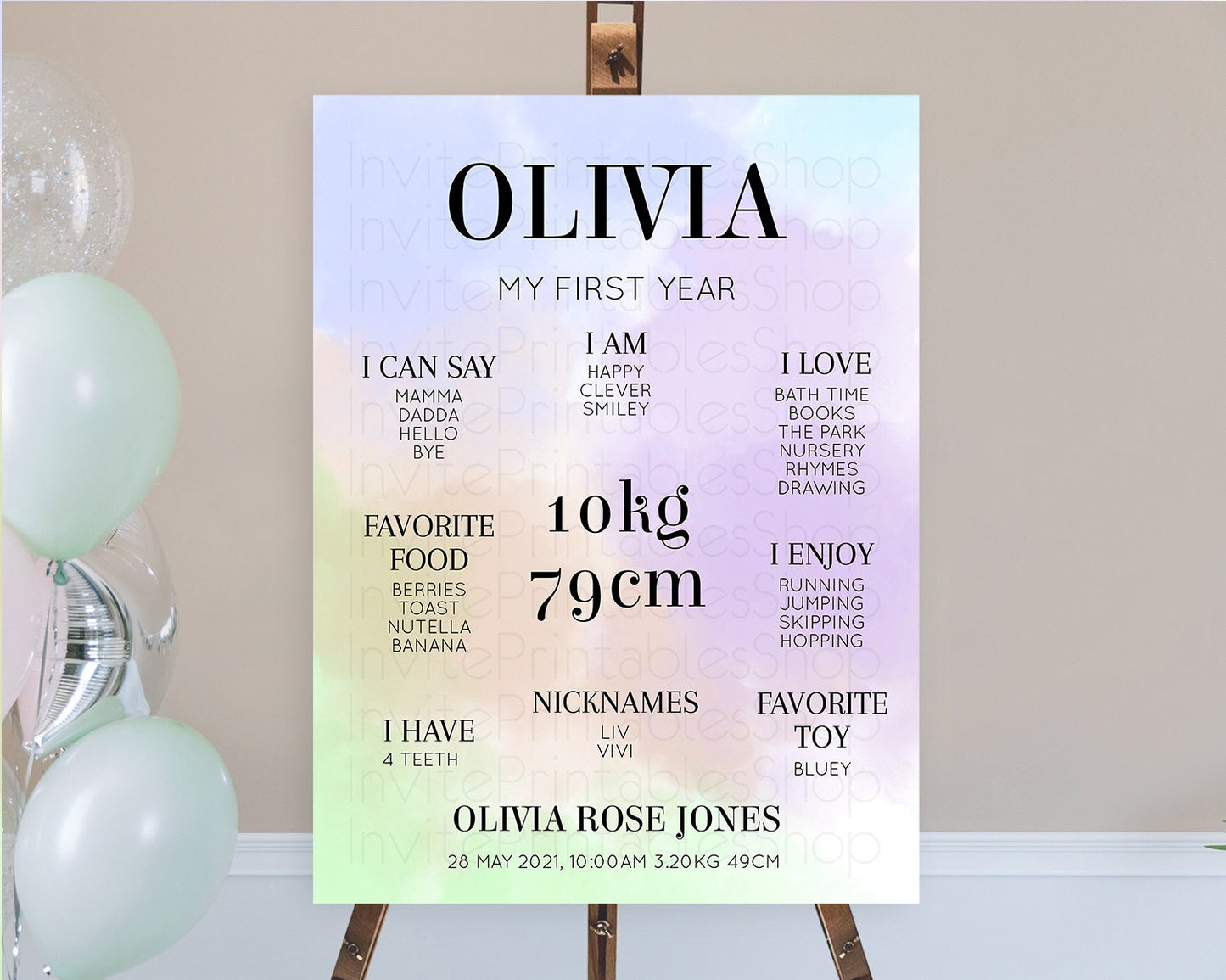 Pastel First Birthday Milestone Board Pastel Rainbow Milestone Poster Colorful Confetti Watercolor Glitter 1st Birthday Welcome Sign D10371