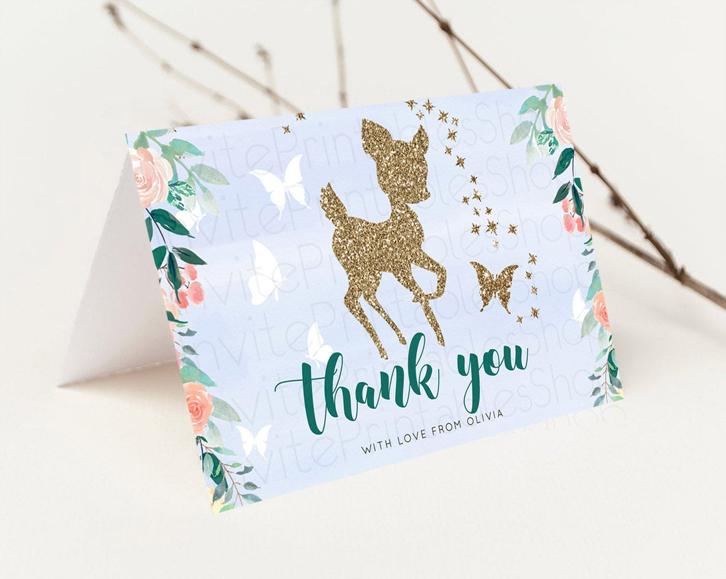 Fawn Thank You Deer Thank You Card Pastel Floral Deer Birthday Thank You Card Enchanted Forest Butterfly Deer Teacher Thank You Card D10875