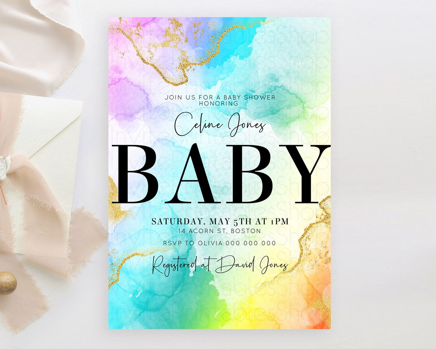 Pastel Baby Shower Invitation Rainbow Baby Shower Invitation Colorful Pastel Watercolor Invitation Gold Glitter Sprinkles Ombre D10393