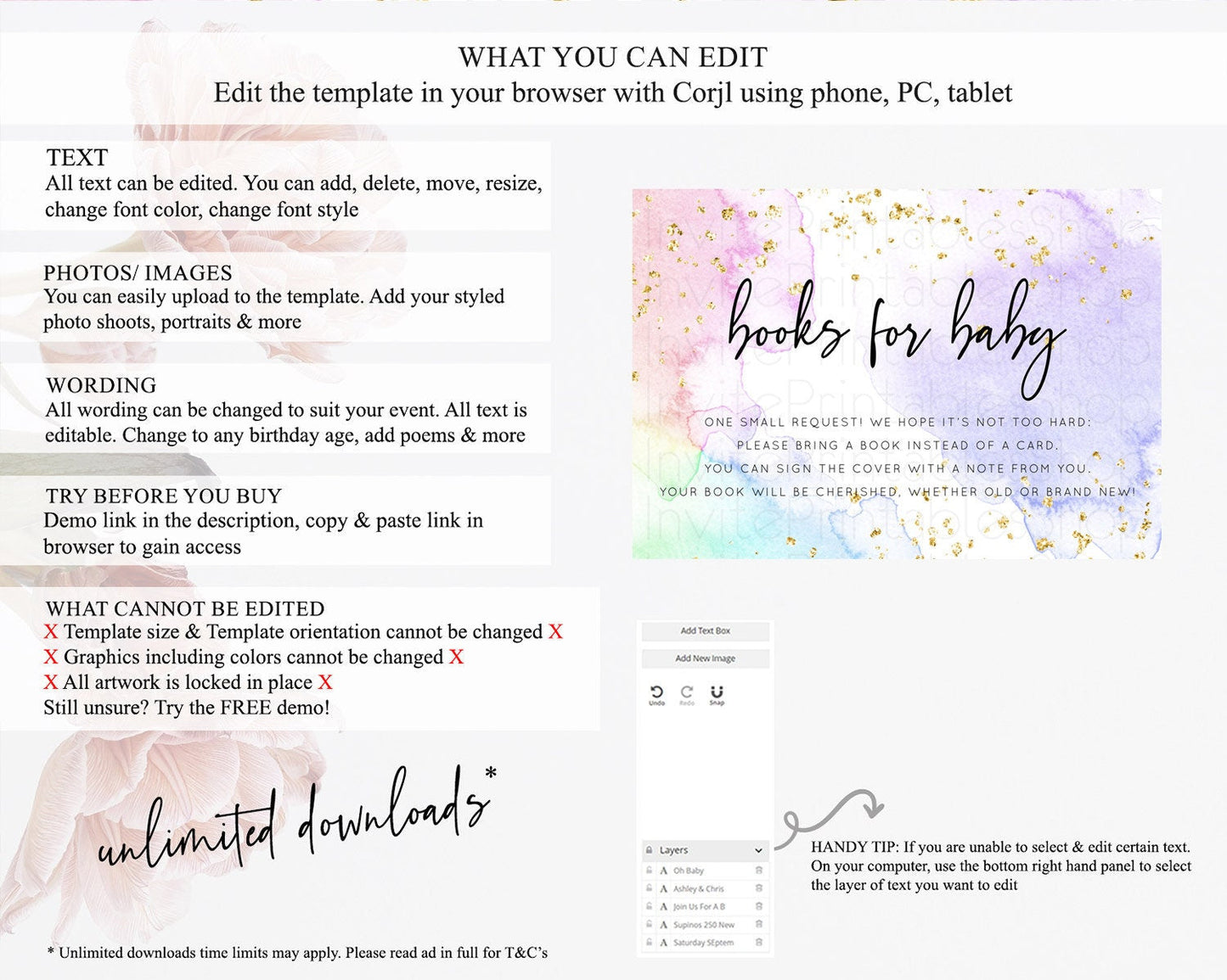 Pastel Books For Baby Card Pastel Rainbow Book Insert Colorful Ombre Watercolor Book Card Confetti Glitter Baby Book Poem Request D10215