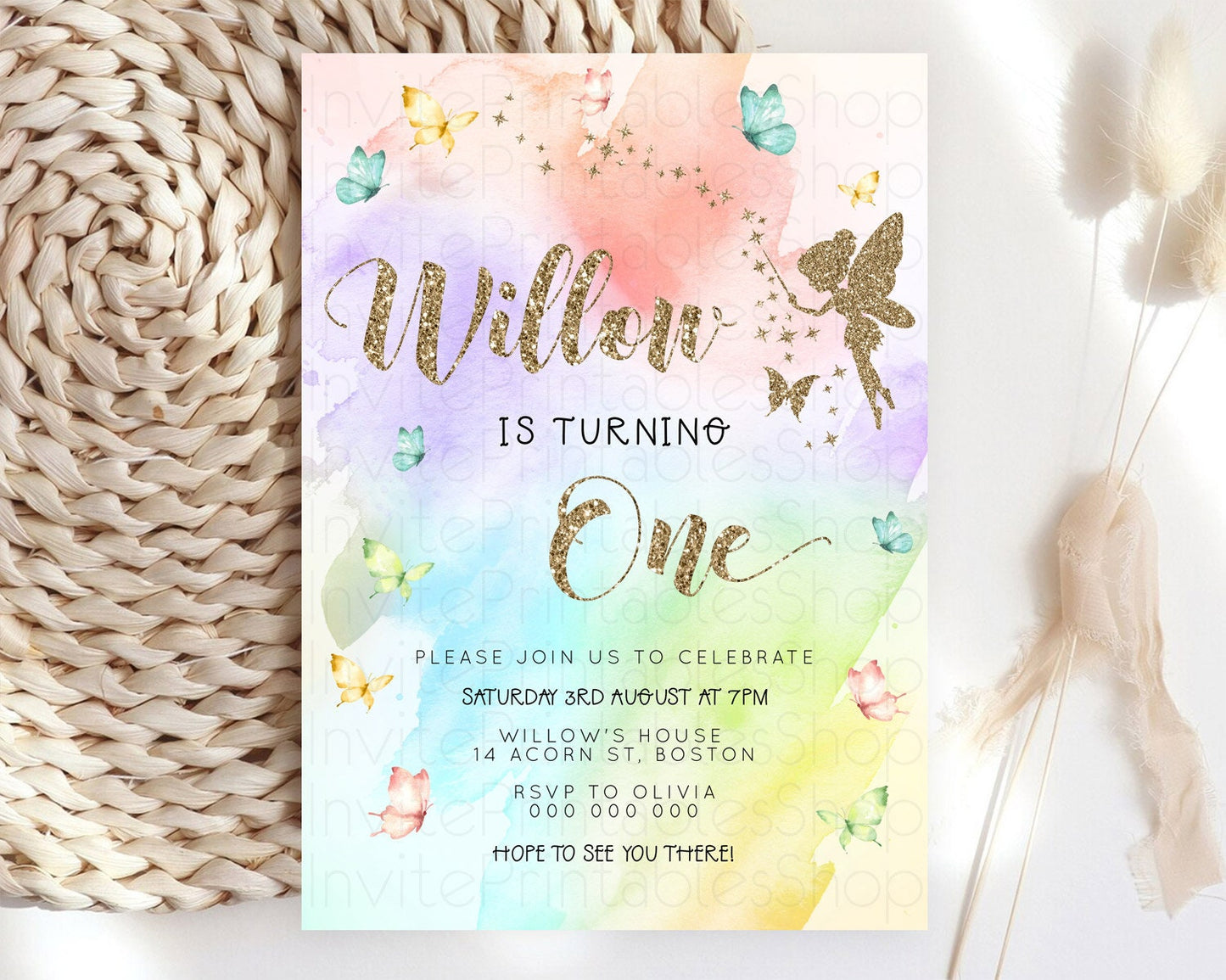 Pastel Fairy Birthday Invitation Pastel Butterflies Fairy Birthday Invitation Rainbow Ombre Watercolor 1st 2nd Birthday Invitation D23349