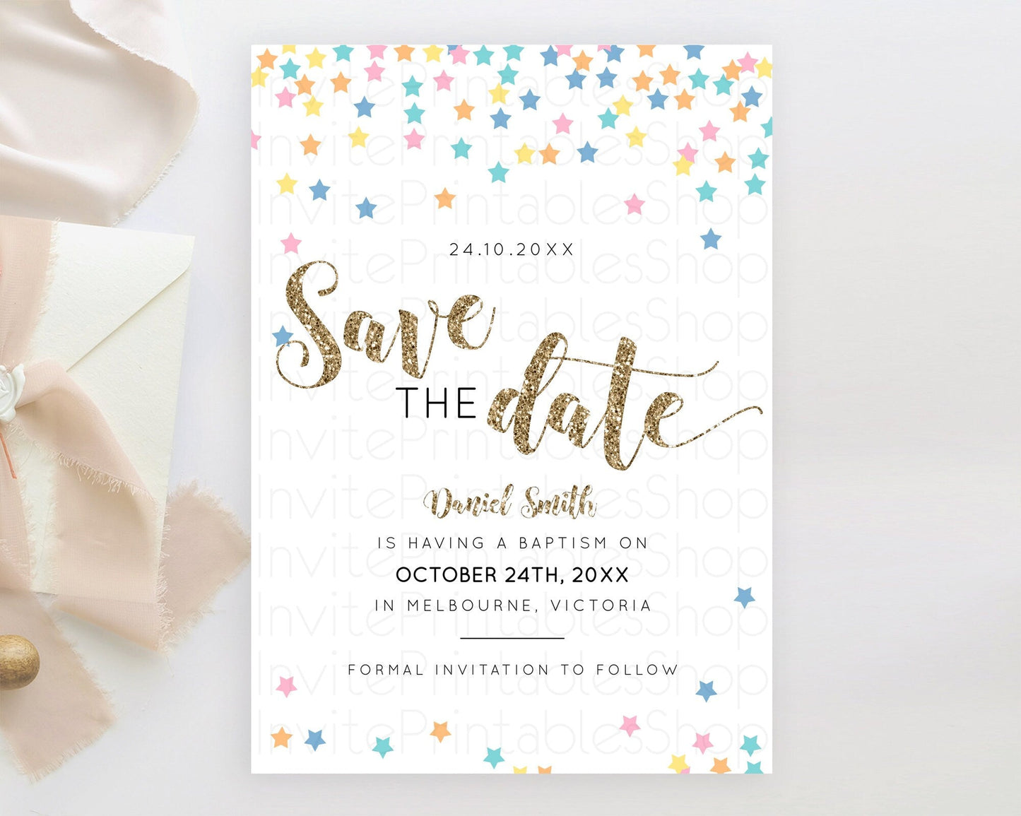 Twinkle Stars Save The Date Template Pastel Twinkle Little Star Party Shooting Star Confetti Sprinkles Birthday Baptism Baby Shower D10298