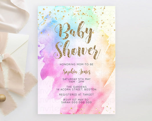 Editable Pastel Rainbow Baby Shower Invitation, Colorful Watercolor Splash,