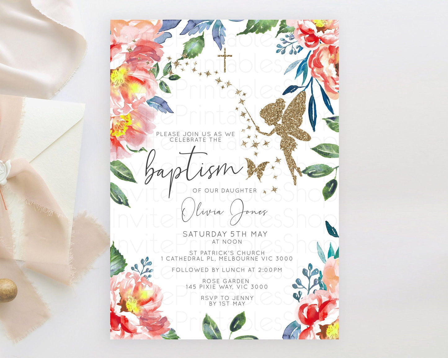 Fairy Baptism Invitation Fairy Baptism 1st Birthday Invitation Enchanted Secret Garden Christening Invite Pastel Floral Butterfly D10752