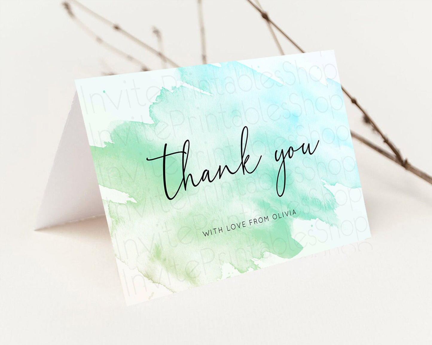 Green Thank You Green Watercolor Thank You Card Pastel Green Card Template Watercolor Splash Cards Teacher Thank You Card Template D10166