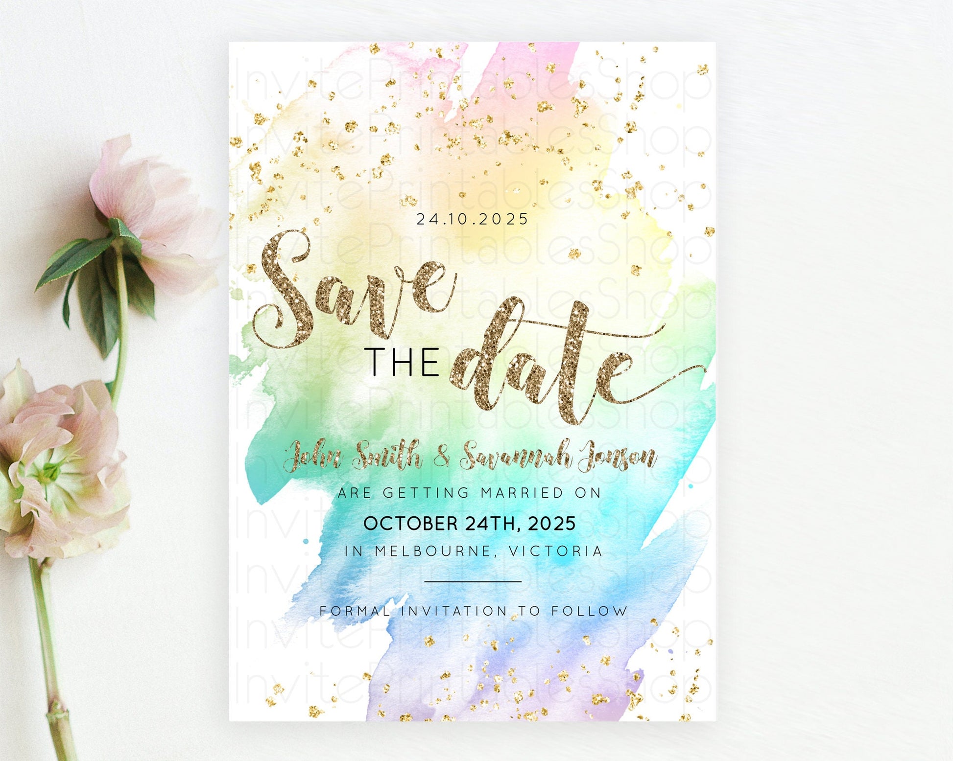 Editable Pastel Save The Date Template Pastel Ombre Rainbow Watercolor Color