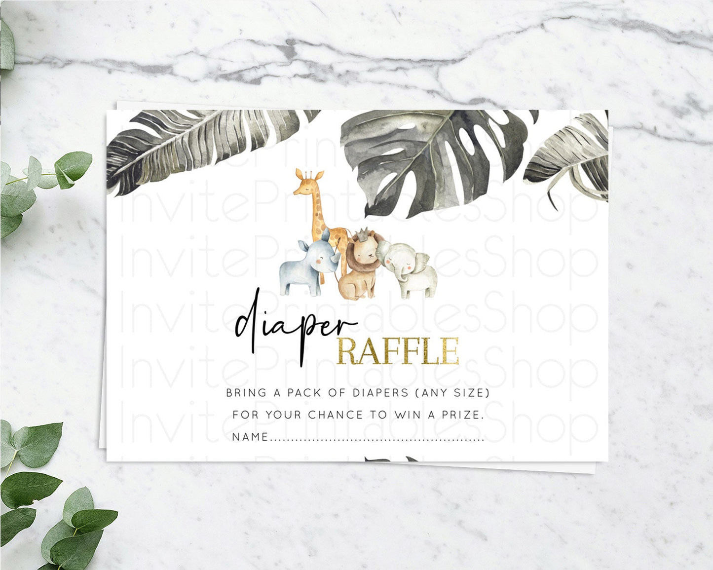 Safari Diaper Raffle Card Safari Diaper Raffle Insert Lion Gorilla Elephant Rhino Diaper Ticket Tropical Palm Zoo Raffle Game D10599