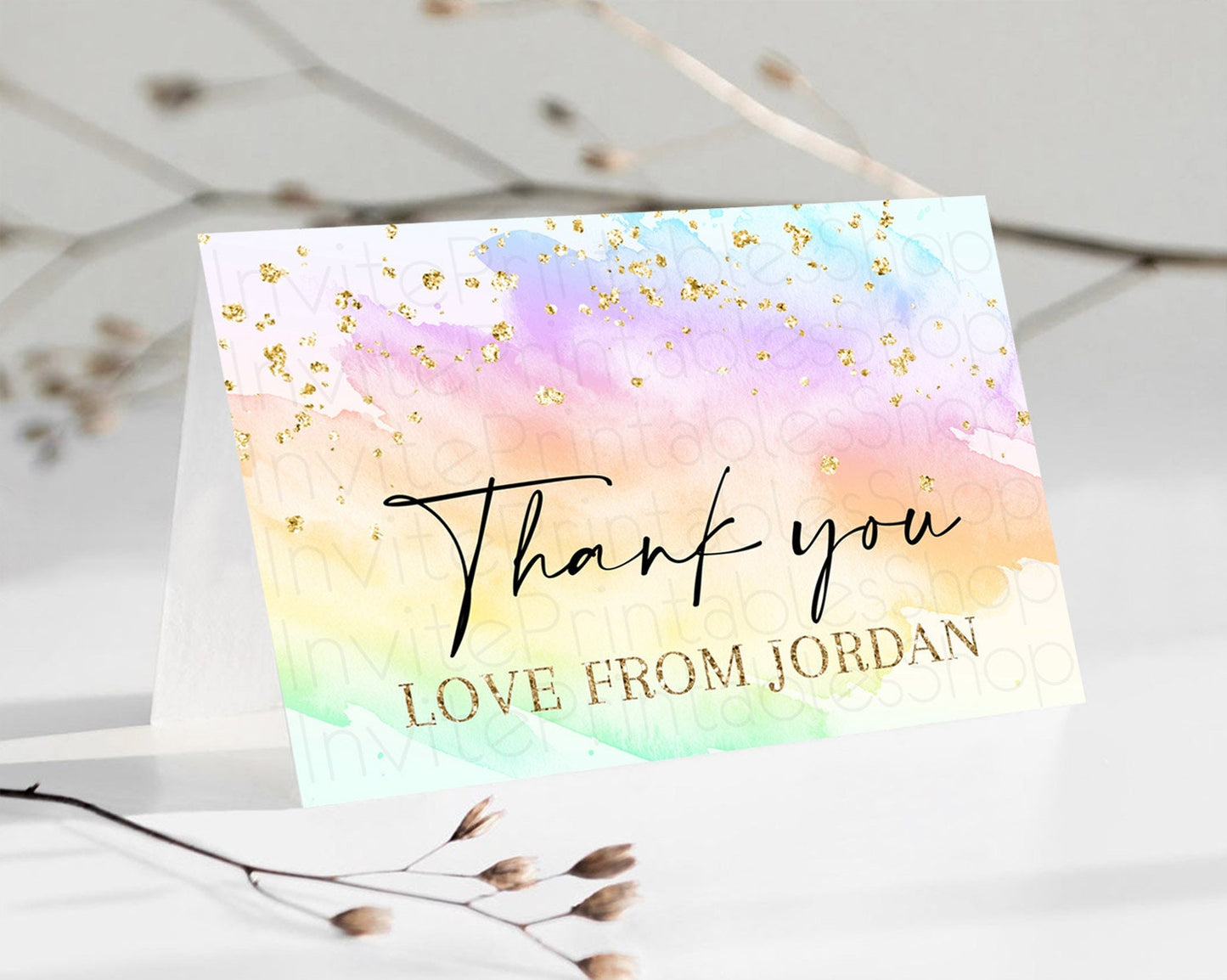 Pastel Thank You Rainbow Thank You Card Colorful Pastel Birthday Thank You Card Confetti Watercolor Pastel Teacher Thank You Cards D10645