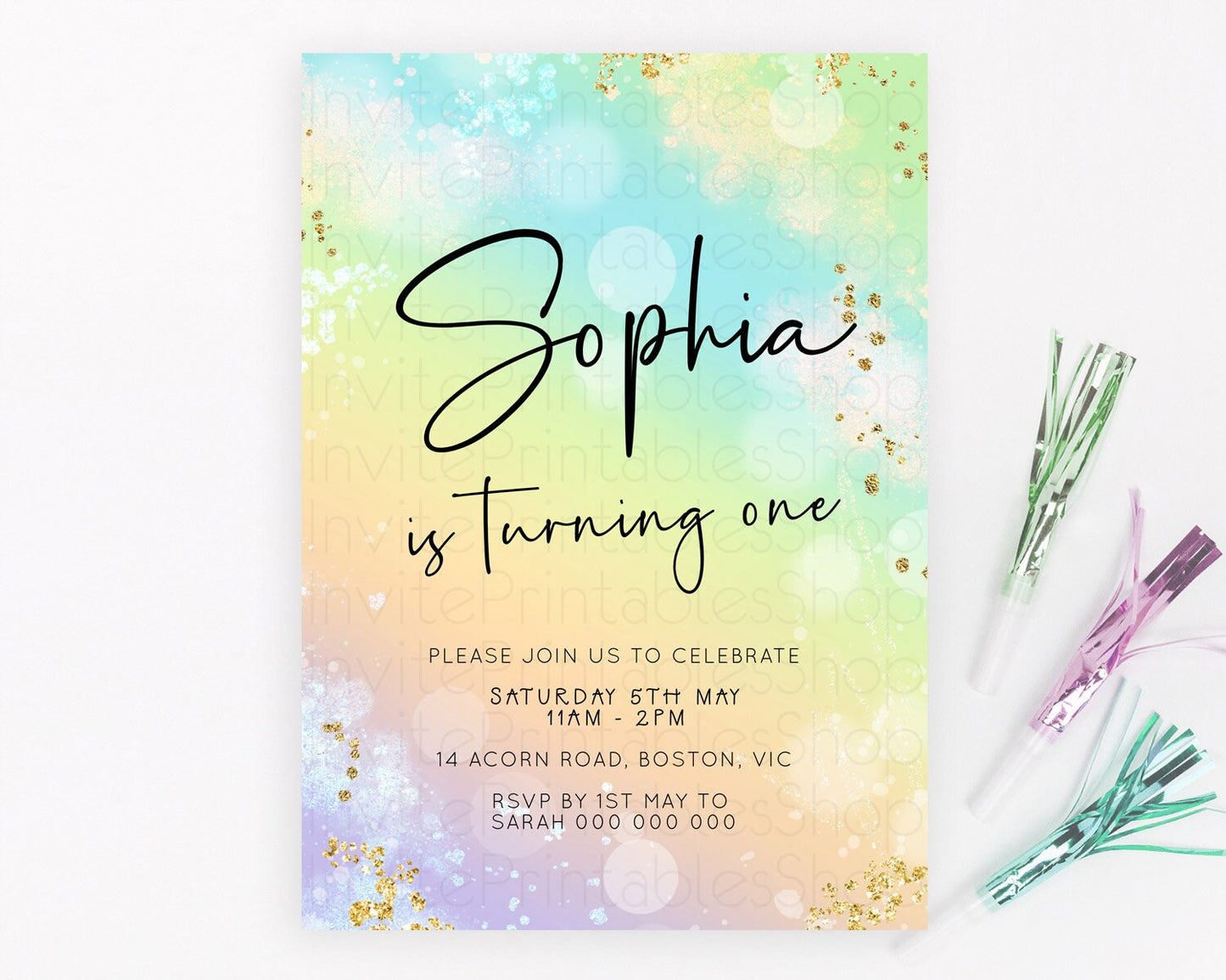 Pastel Birthday Invitation Ombre Watercolor Birthday Invitation Glitter Rainbow Color Splash 1st 2nd 3rd Birthday Invitation D23101