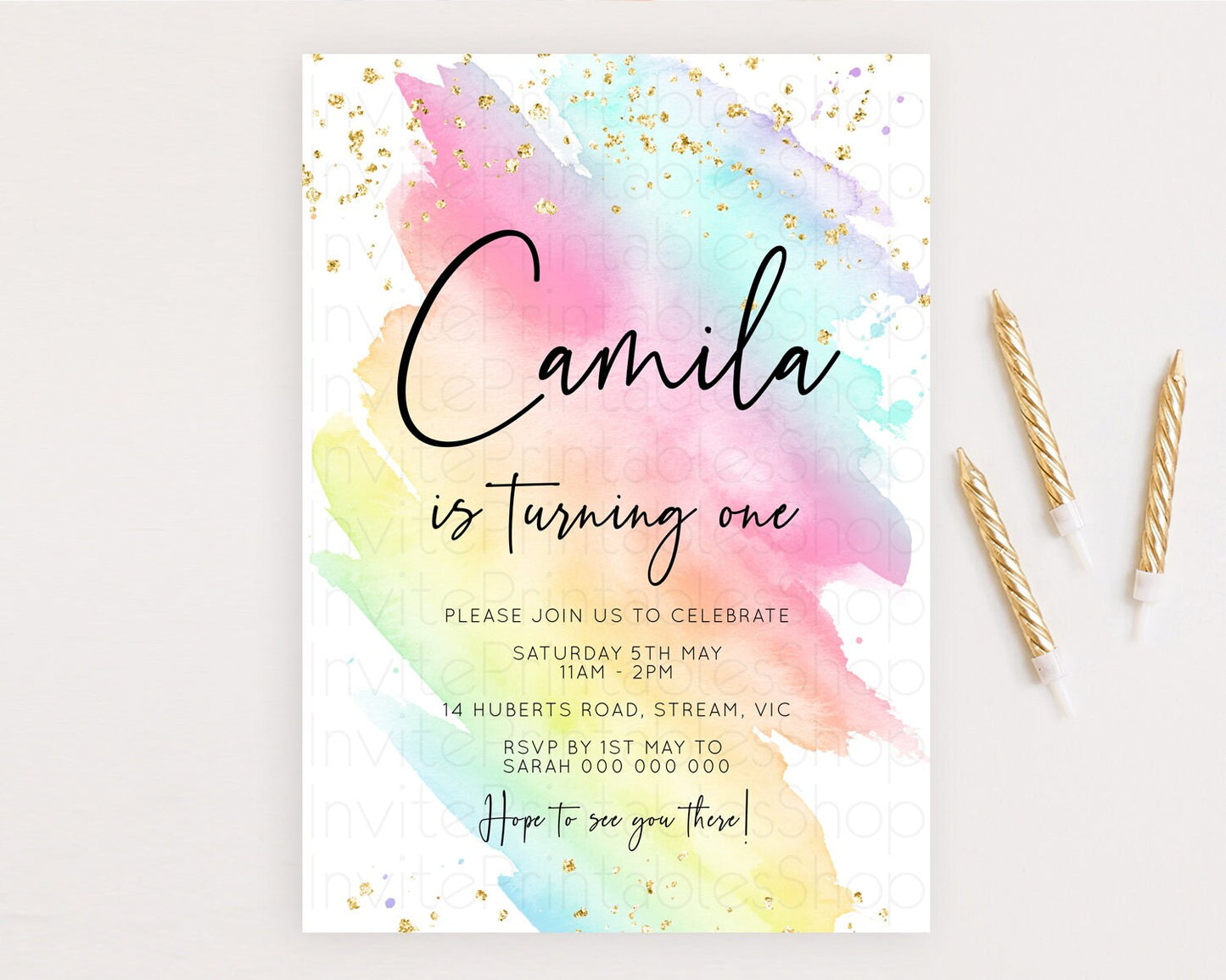Rainbow Birthday Invitation Colorful Pastel Watercolor Invitation Gold Glitter Sprinkles Ombre Pastel 1st 2nd 3rd Birthday D10495