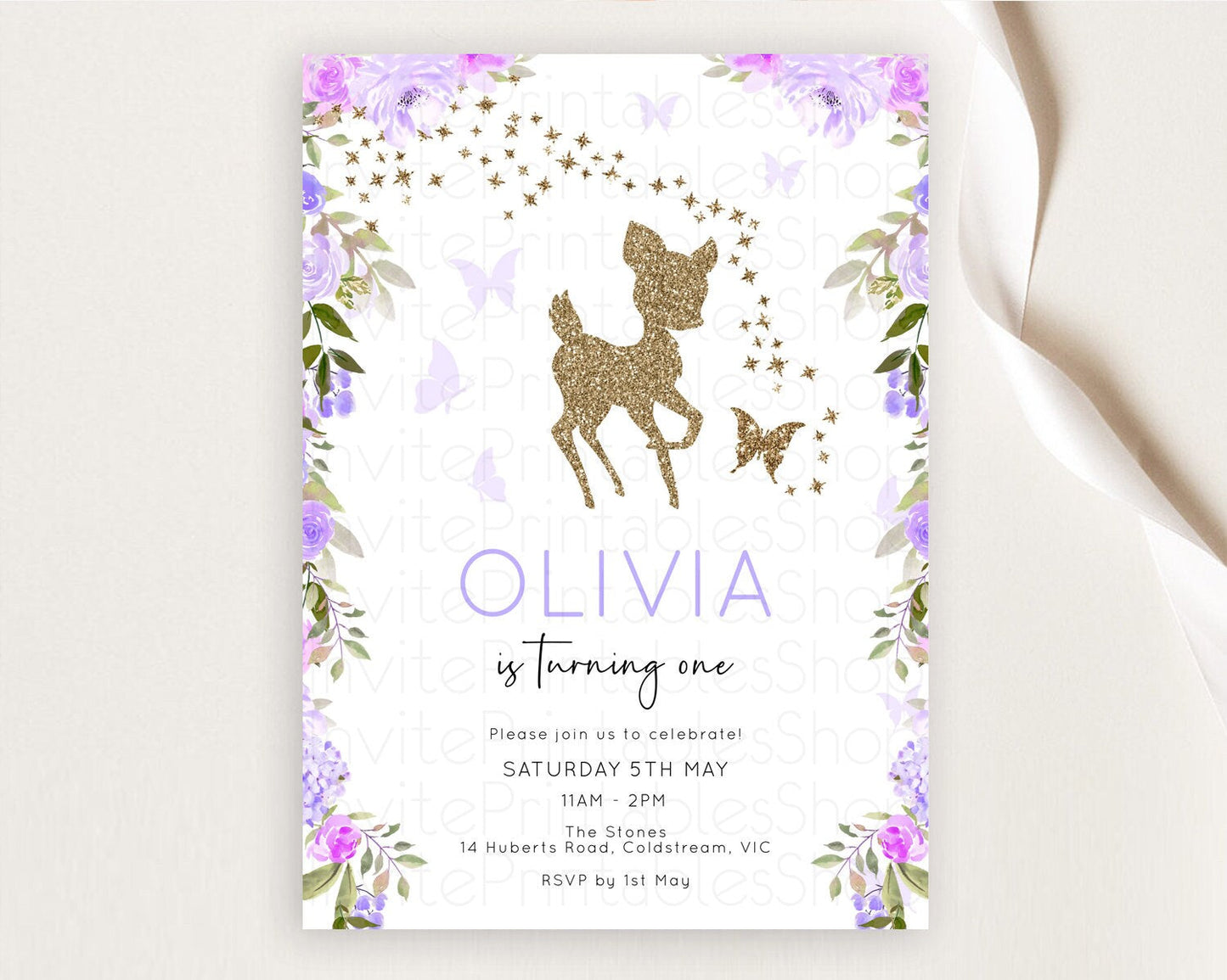 Fawn Birthday Invitation Deer Birthday Invitation Enchanted Forest Party Butterfly Pastel Flowers Whimsical 2nd 1st First Birthday D10914