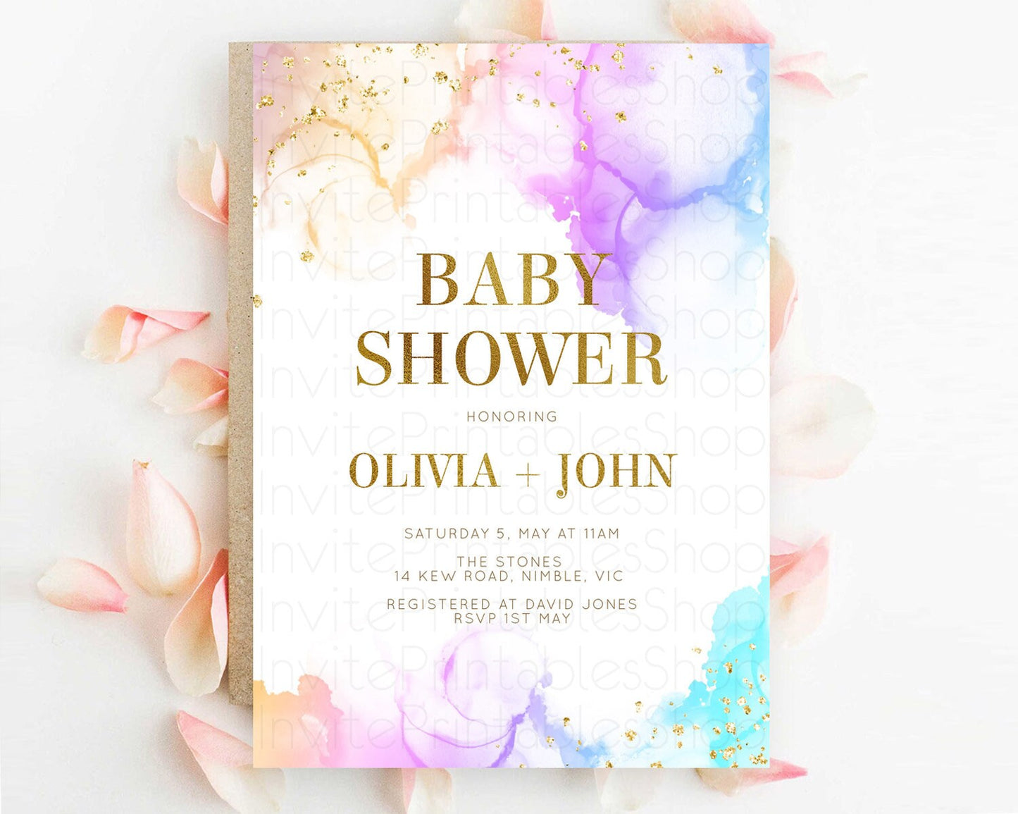 Pastel Baby Shower Invitation Rainbow Baby Shower Invitation Colorful Pastel Watercolor Invitation Gold Glitter Sprinkles Ombre D10180