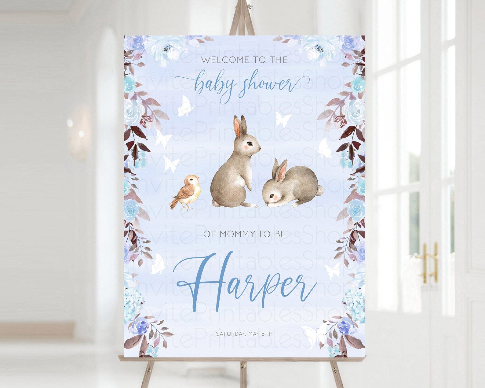 Editable Bunny Baby Shower Welcome Sign Floral Bunny Welcome Board Pastel Fl