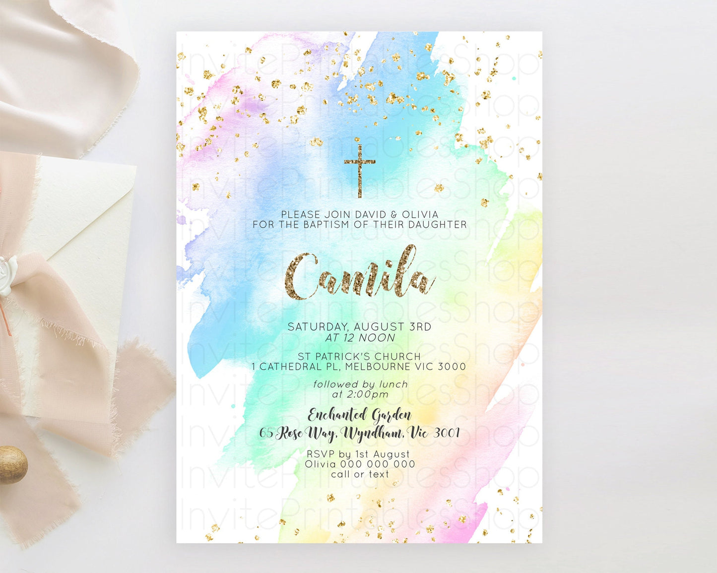 Pastel Baptism Invitation Pastel Colors Watercolor Baptism 1st Birthday Party Gold Ombre Pastel Rainbow Christening Holy Communion D10637