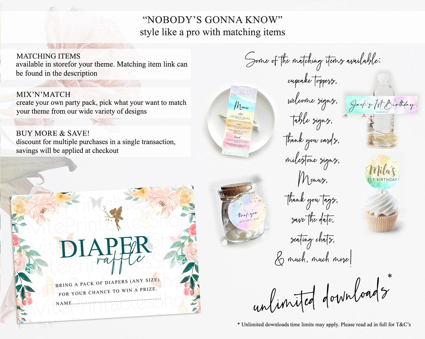 Fairy Diaper Raffle Card Fairy Diaper Insert Enchanted Garden Fairy Diaper Ticket Pastel Floral Butterfly Secret Garden Raffle Game D10239