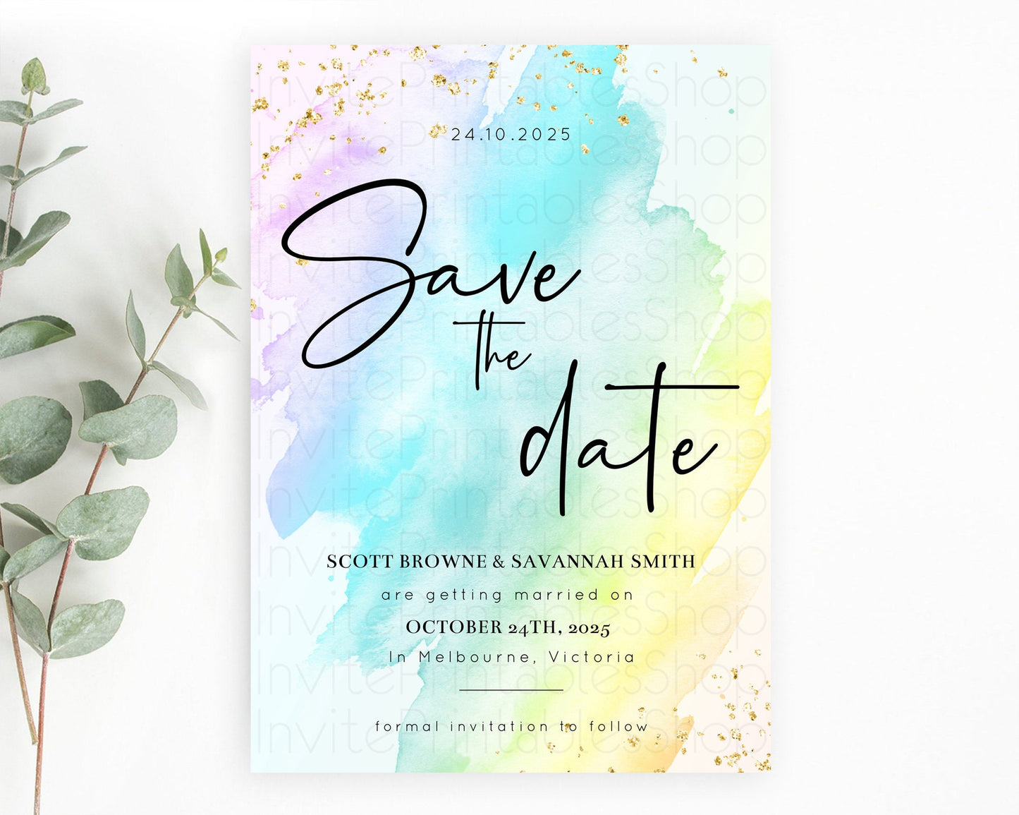 Pastel Save The Date Template Pastel Ombre Rainbow Watercolor Colorful Party For Birthday Baptism Baby Shower Wedding Bridal Shower D10171