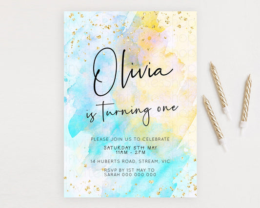 Pastel Birthday Invitation Ombre Watercolor Birthday Invitation Glitter Rainbow Color Splash 1st 2nd 3rd Birthday Invitation D23070