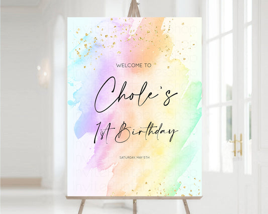 Rainbow Welcome Sign Pastel Watercolor Welcome Board Gold Glitter Confetti Colorful Splash Party Entry Sign 1st Birthday Poster t602