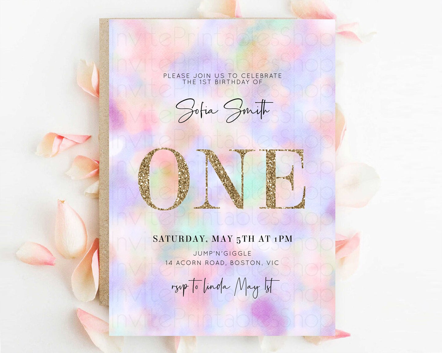 Rainbow Birthday Invitation Colorful Pastel Watercolor Invitation Gold Glitter Sprinkles Ombre Pastel 1st 2nd 3rd Birthday D10697