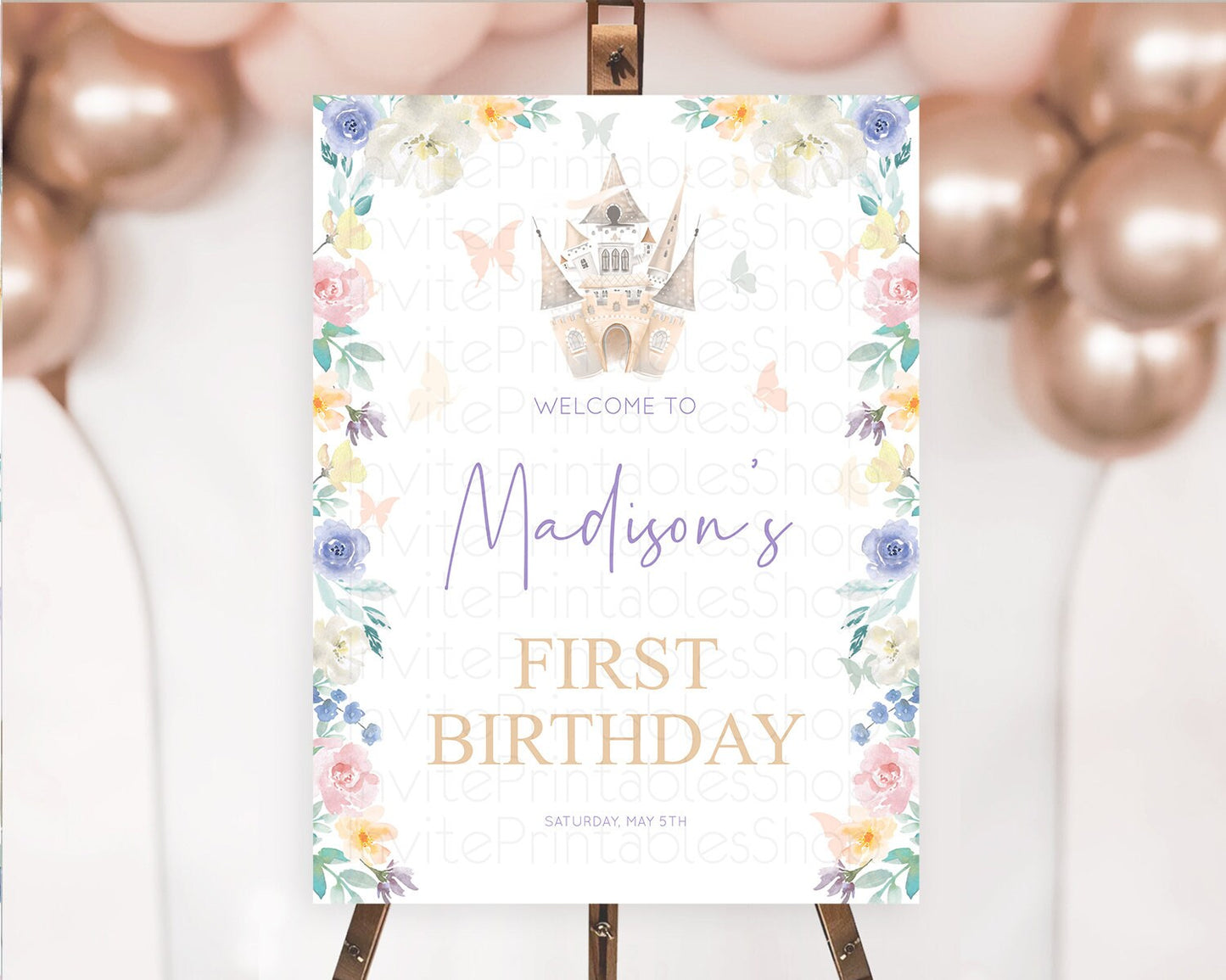 Princess Birthday Welcome Sign Castle Welcome Board Secret Garden Enchanted Castle Pastel Floral Garden First Birthday Welcome Sign D10709