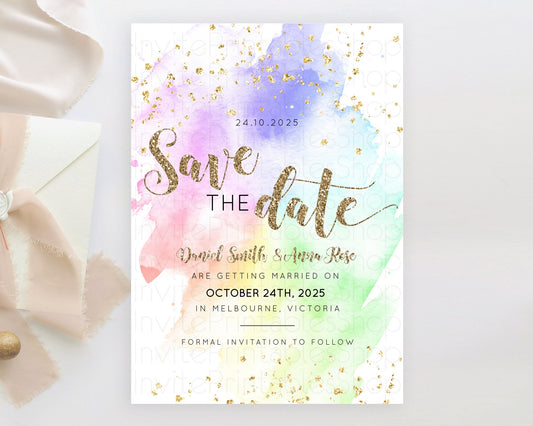 Editable Pastel Save The Date Template Pastel Ombre Rainbow Watercolor Color