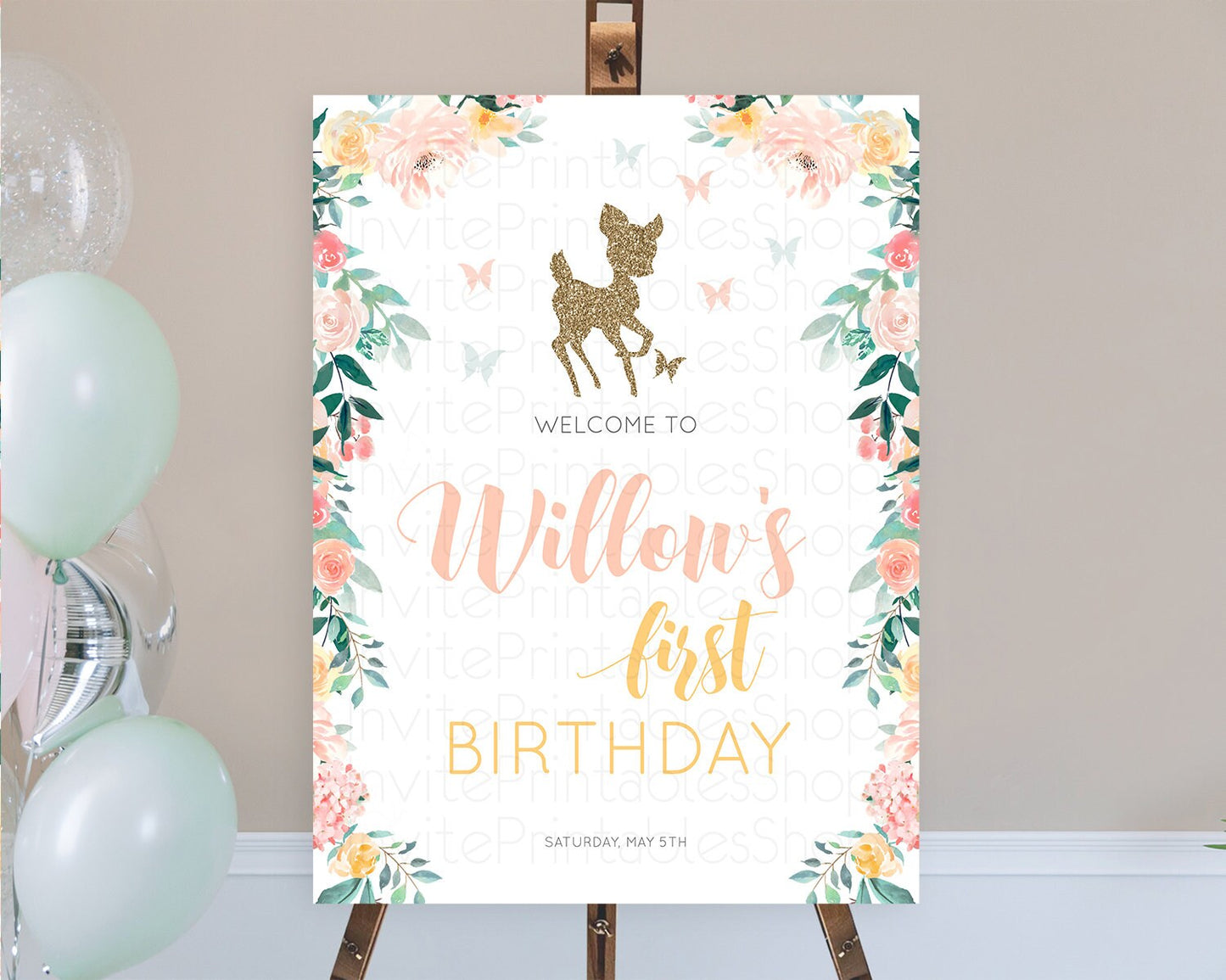 Fawn Welcome Sign Deer Welcome Board Floral Deer Welcome Poster Enchanted Forest Butterfly Pastel Floral First Birthday Welcome Sign D10874