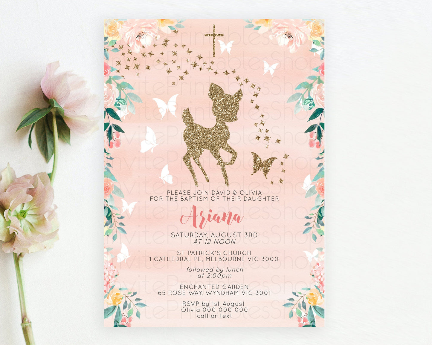 Fawn Baptism Invitation Deer Baptism 1st Birthday Invitation Enchanted Forest Christening Invitation Pastel Garden Butterfly Floral D10873